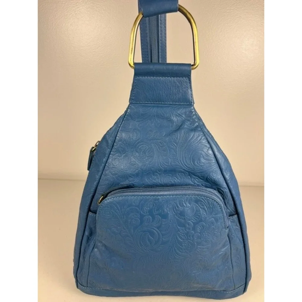 Great American Leather Works Blue Embossed Floral Sling Backpack Convertible Bag